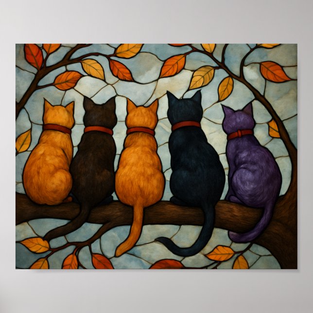 Five Cats on a Tree Branch Stained Glass Style Poster (Framsidan)