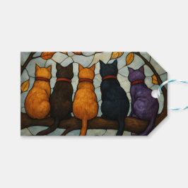 Five Cats on a Tree Branch Stained Glass Style Presentetikett