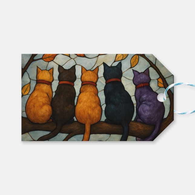 Five Cats on a Tree Branch Stained Glass Style Presentetikett (Framsidan (Horisontell))