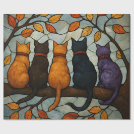 Five Cats on a Tree Branch Stained Glass Style Presentpapper