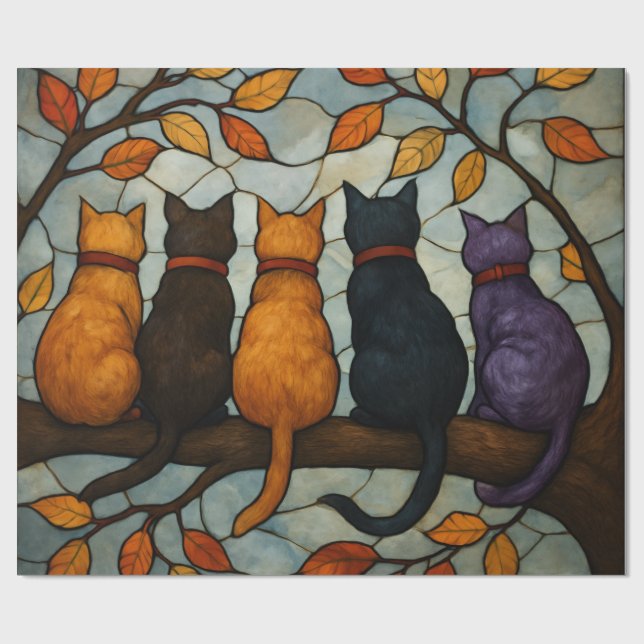 Five Cats on a Tree Branch Stained Glass Style Presentpapper (Platt)