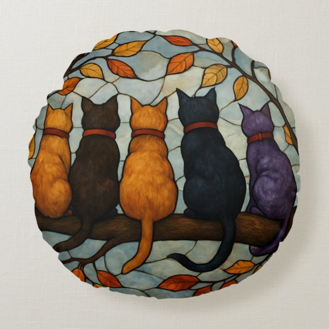 Five Cats on a Tree Branch Stained Glass Style Rund Kudde (Framsidan)
