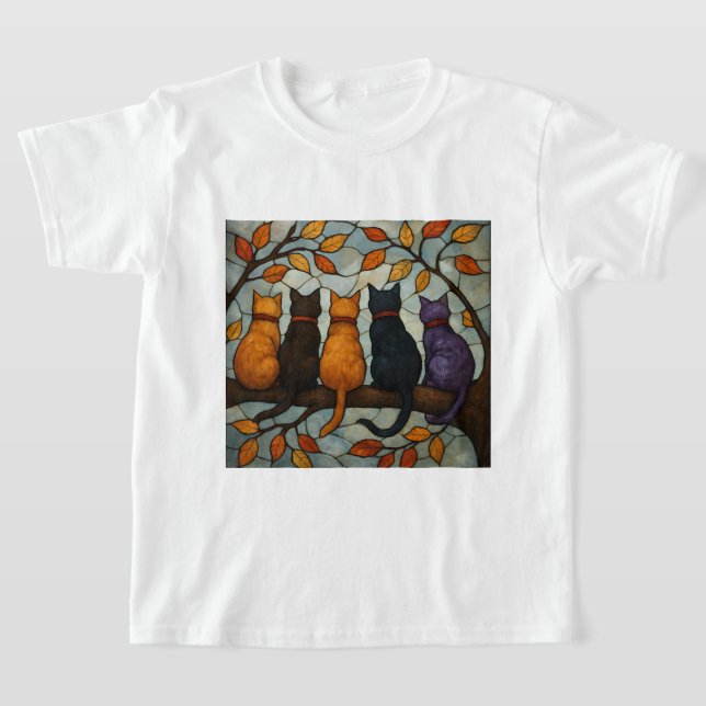 Five Cats on a Tree Branch Stained Glass Style T Shirt (Laydown)