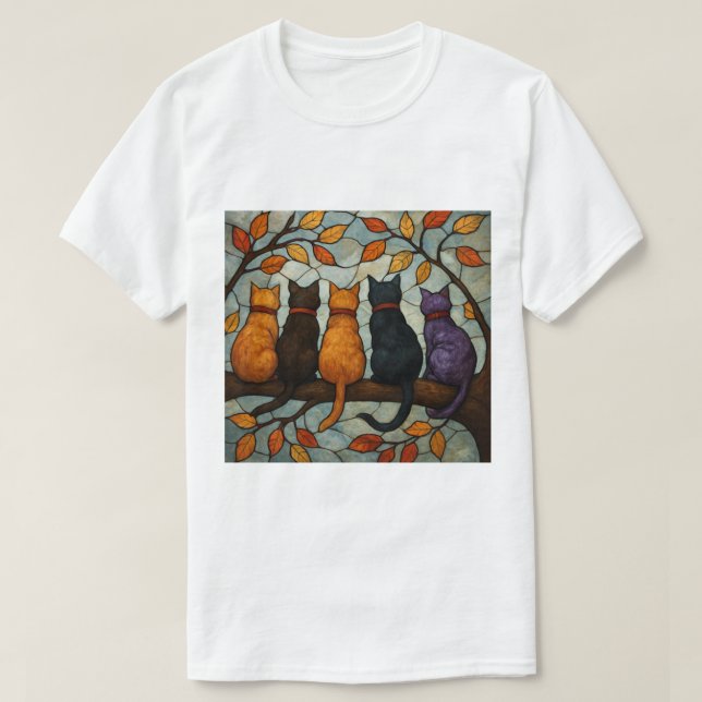 Five Cats on a Tree Branch Stained Glass Style T Shirt (Design framsida)