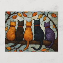 Five Cats on a Tree Branch Stained Glass Style Vykort