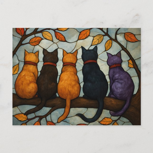 Five Cats on a Tree Branch Stained Glass Style Vykort (Framsida)