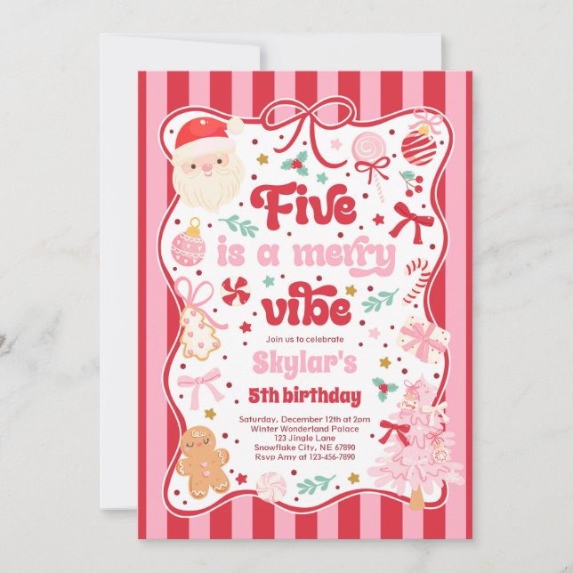 Five Is A Merry Vibe Christmas Bow 5th Birthday Inbjudningar (Framsida)