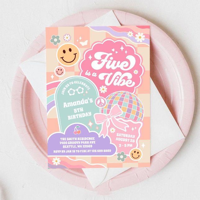 Five Is A Vibe Cloud Rainbow Disco 5th Birthday Inbjudningar (Skapare uppladdad)