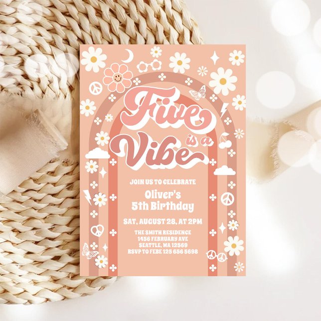 Five Is A Vibe Groovy Retro 5th Birthday Inbjudningar (Skapare uppladdad)