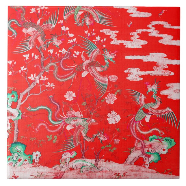 Five Phoenixes in Garden Chinese Red Floral  Kakelplatta (Framsidan)