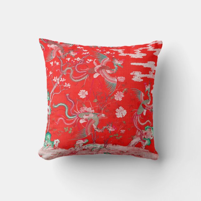 Five Phoenixes in Garden Chinese Red Floral  Kudde (Framsida)