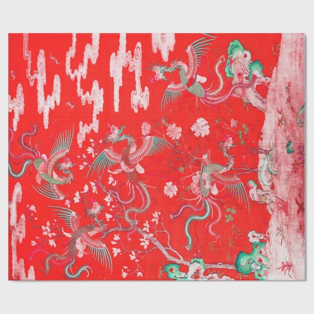Five Phoenixes in Garden Chinese Red Floral  Presentpapper (Platt)