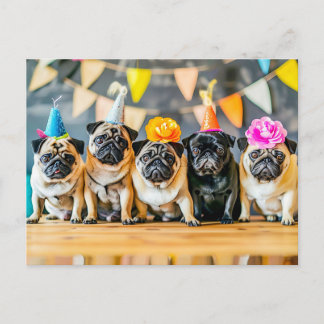 Five Pugs with Party Hats Together Vykort
