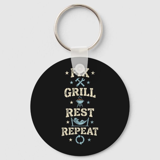 Fixa Grill Stäng Av Upprepa Rolig Handyman Bbq Män Nyckelring (Framsida)