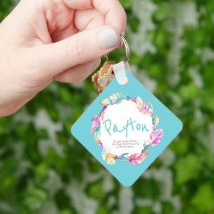 Fjäder akvarell namn betydelse aqua Payton Nyckelring