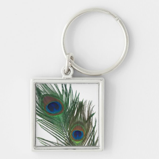 Fjäder av vit peacock fyrkantig silverfärgad nyckelring (Framsidan)