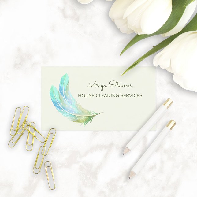 Fjäder Husstädning Visitkort (Boho Green Feathers House Cleaning Services Business Cards)