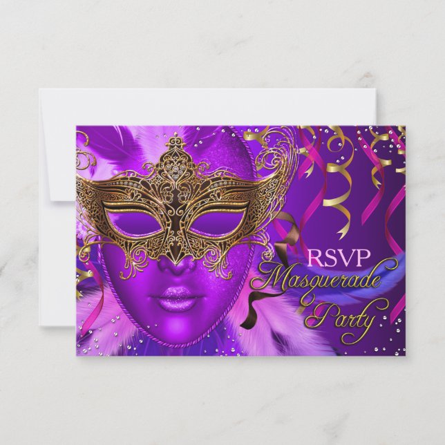 Fjäder Lila & Guld Maskeradfest RSVP OSA Kort (Framsida)