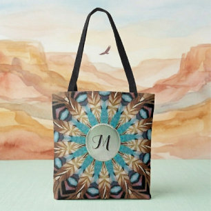 Fjäder Teal, brun, blå och grön Mandala Tote Tygkasse