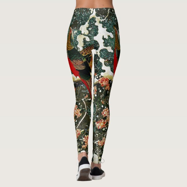 Fjäderämnen i Snö, Gräs Träd,Ro,japansk Blommigt Leggings (Baksida)
