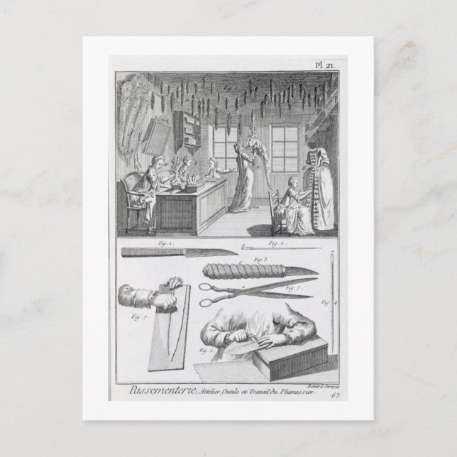 Fjäderarbetare och deras verktyg från Encyclo Vykort (Framsida)