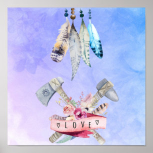 Fjäderblommor och Kärlek vattenfärgsdesign Poster