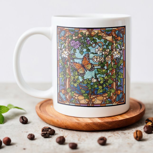 Fjäderfä av fastnat glas jumbo mugg (Enjoy your morning coffee in this elegant stained glass butterfly mug.)