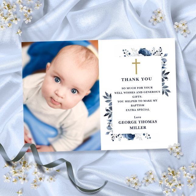 Fjäderfä för blå Blommigt Foto Baptism Christening Tack Kort (Navy Blue Floral Photo Baptism Christening Thank You Card)