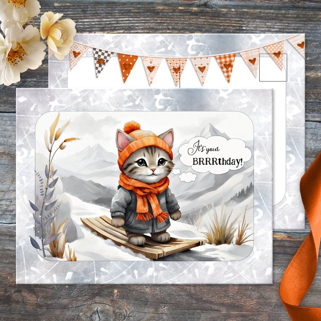 Fjäderfä för Kattunge Snö-vinter Vykort (A funny watercolor birthday postcard featuring a kitty on skies in a winter wonderland - cat lovers)