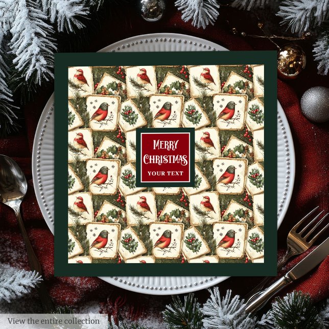 Fjäderfä med julkort pappersservett (Vintage Christmas postcard birds sparrow napkins)