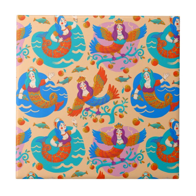 Fjäderfä och sjöjungfruar kakelplatta (Framsidan)