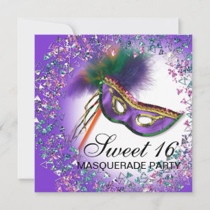 Fjädermask Purple Sweet 16 Maskeradfest Inbjudningar