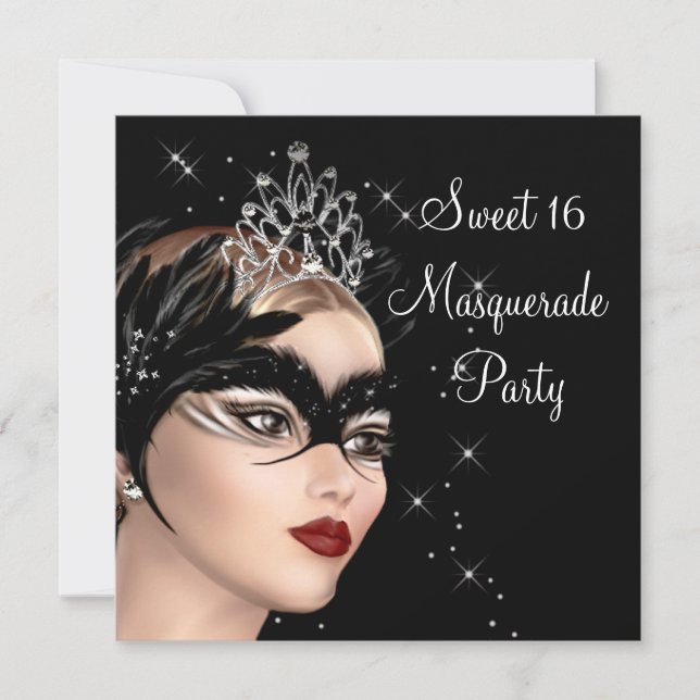 Fjädermask Tiara Sweet 16 Maskeradfest Inbjudningar (Framsida)