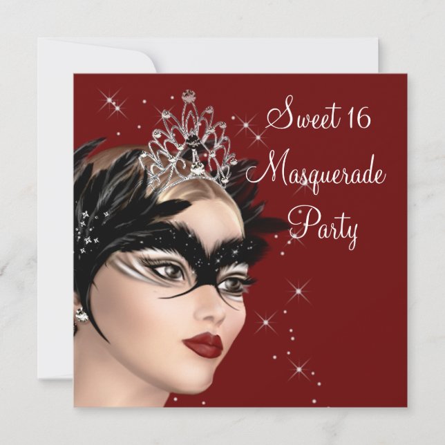 Fjädermask Tiara Sweet 16 Maskeradfest Inbjudningar (Framsida)