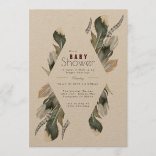 Fjädervattenfärg   Boho Baby Shower Inbjudan