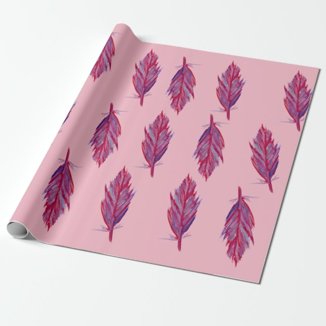 Fjädrar Akvarell Röd Rosa Presentpapper (Utrullad)