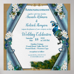 Fjädrar av bläckhaltig blågrönt silke-Guld-peacock Poster