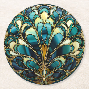 Fjädrar av den vackra konsten Deco-turkos Peacock Underlägg Papper Rund