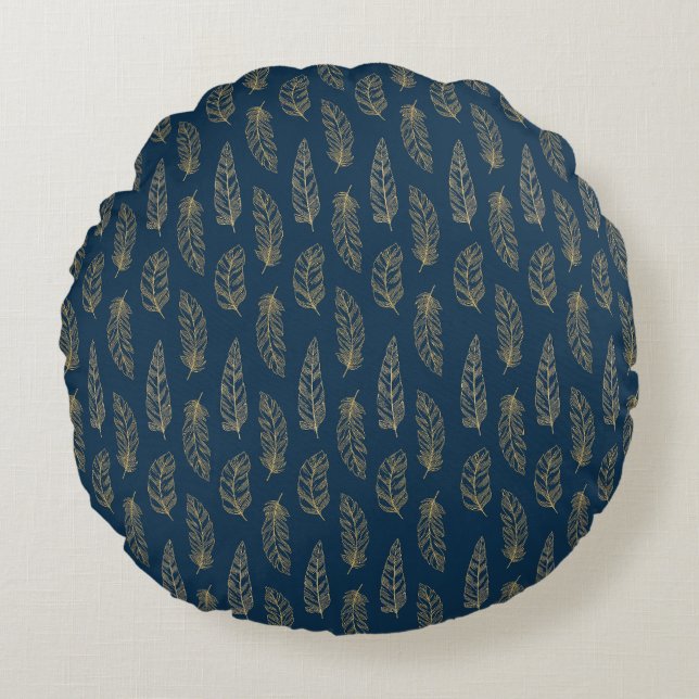 FJÄDRAR BLÅ OCH GULT MÖNSTER CUSHION RUND KUDDE (Framsidan)