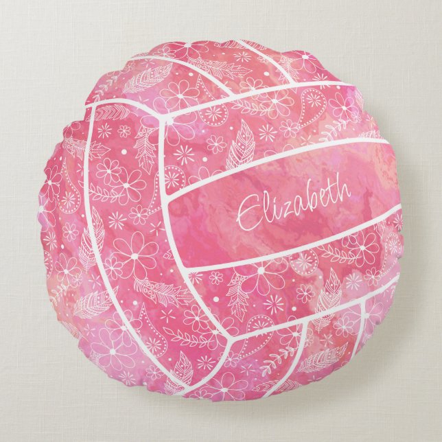 Fjädrar blommönster rosa volleyball rund kudde (Framsidan)
