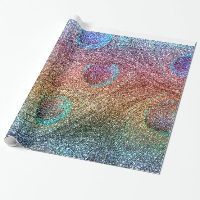 Fjädrar för regnbågeglitterpåfågel presentpapper (Utrullad)