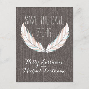 Fjädrar + Ladan Trä Bröllop Spara Datum Meddelande Vykort