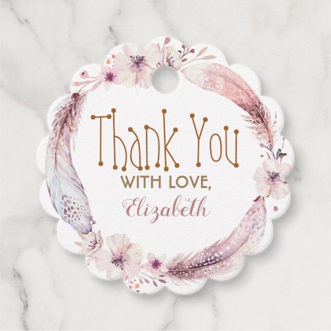Fjädrar och blommor krans gåvor etiketter (Framsida)