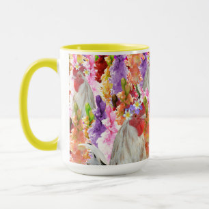 Fjädrar och blommor: Tupp bland Hollyhocks Mugg