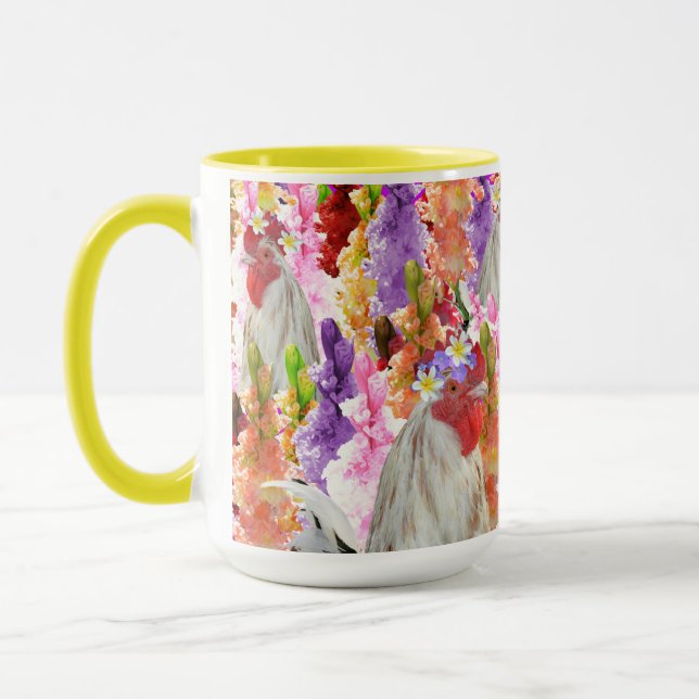 Fjädrar och blommor: Tupp bland Hollyhocks Mugg (Vänster)