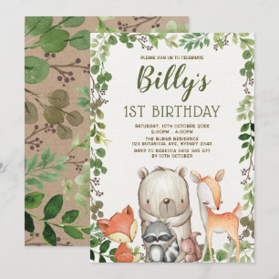 Fjällskogsdjur i Cute Woodland 1:a födelsedagen Pa Inbjudningar