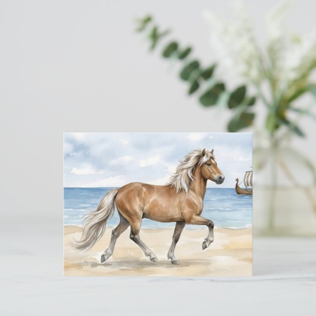 Fjara Islänsk häst akvarell på stranden Vykort (Stående Fram)