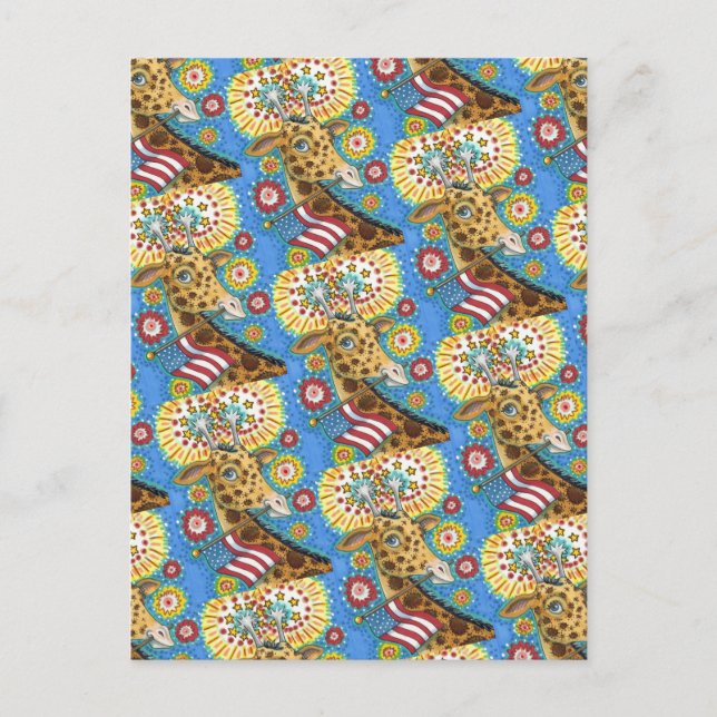 FJÄRDE AV JULI PATRIOTISK GIRAFFE & FIREWORKS Cute Helg Vykort (Framsida)