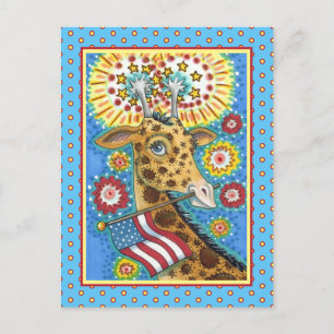 FJÄRDE AV JULI PATRIOTISK GIRAFFE & FIREWORKS Cute Helg Vykort