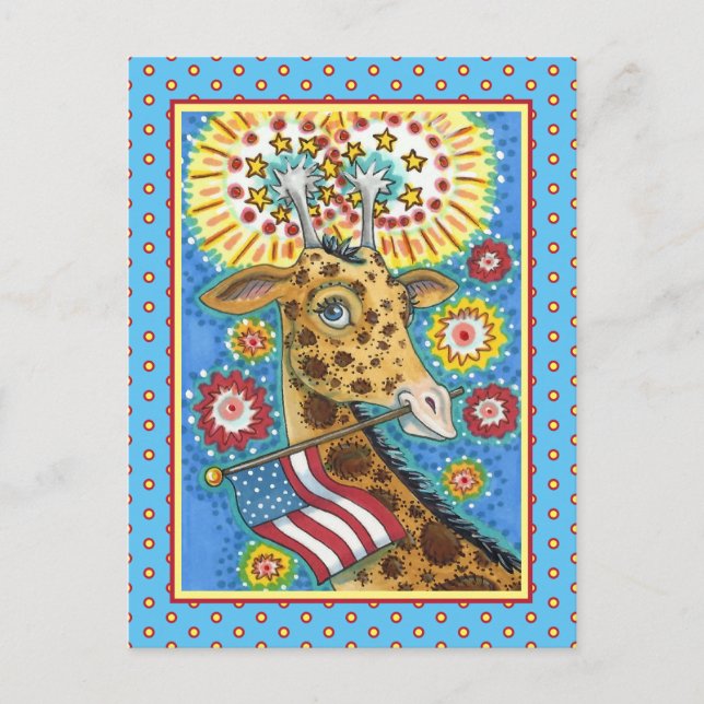FJÄRDE AV JULI PATRIOTISK GIRAFFE & FIREWORKS Cute Helg Vykort (Framsida)